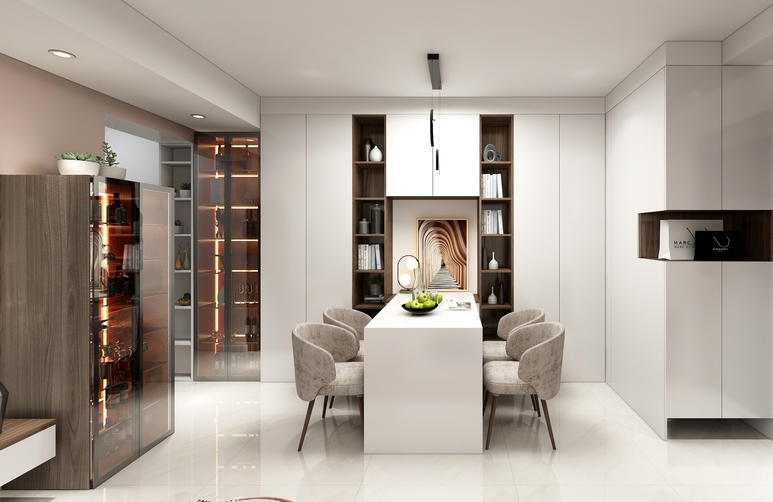 啥？她家玄關柜延到廚房，書架、酒柜、吧臺、餐桌全解決了！